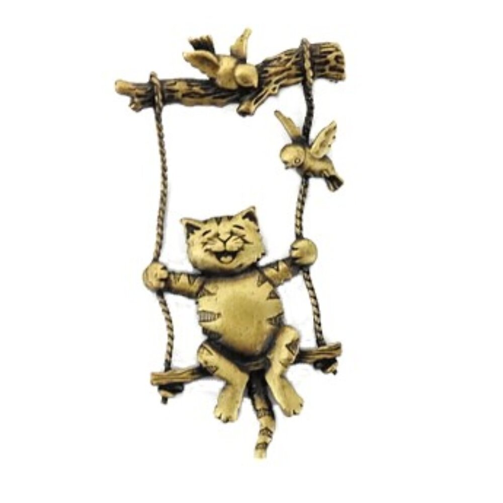 Costume JJ Janette Jewelry Happy Swinging Cat Birds Brooch Brass Finish Pin